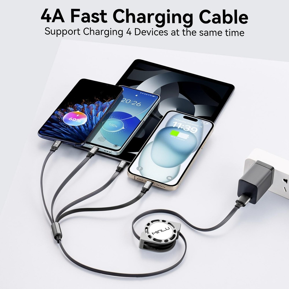MINLU Multi Charging Cable 4A, 2Pack 4Ft Retractable Multi Fast Charger Cable, M