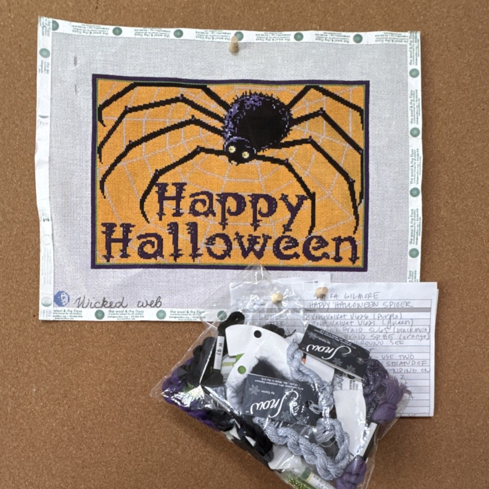 Wicked Web Halloween Needlepoint canvas kitted with with Thread & Stitch Notes
