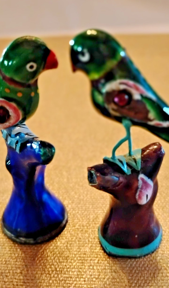 ENAMELLED SILVER MINI PARROTS GREEN & COBALT GEM ACCENT