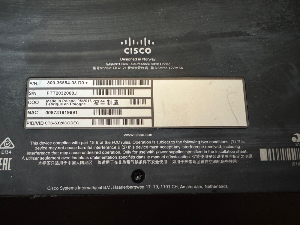 Cisco TelePresence SX20 Teleconferencing System CODEC