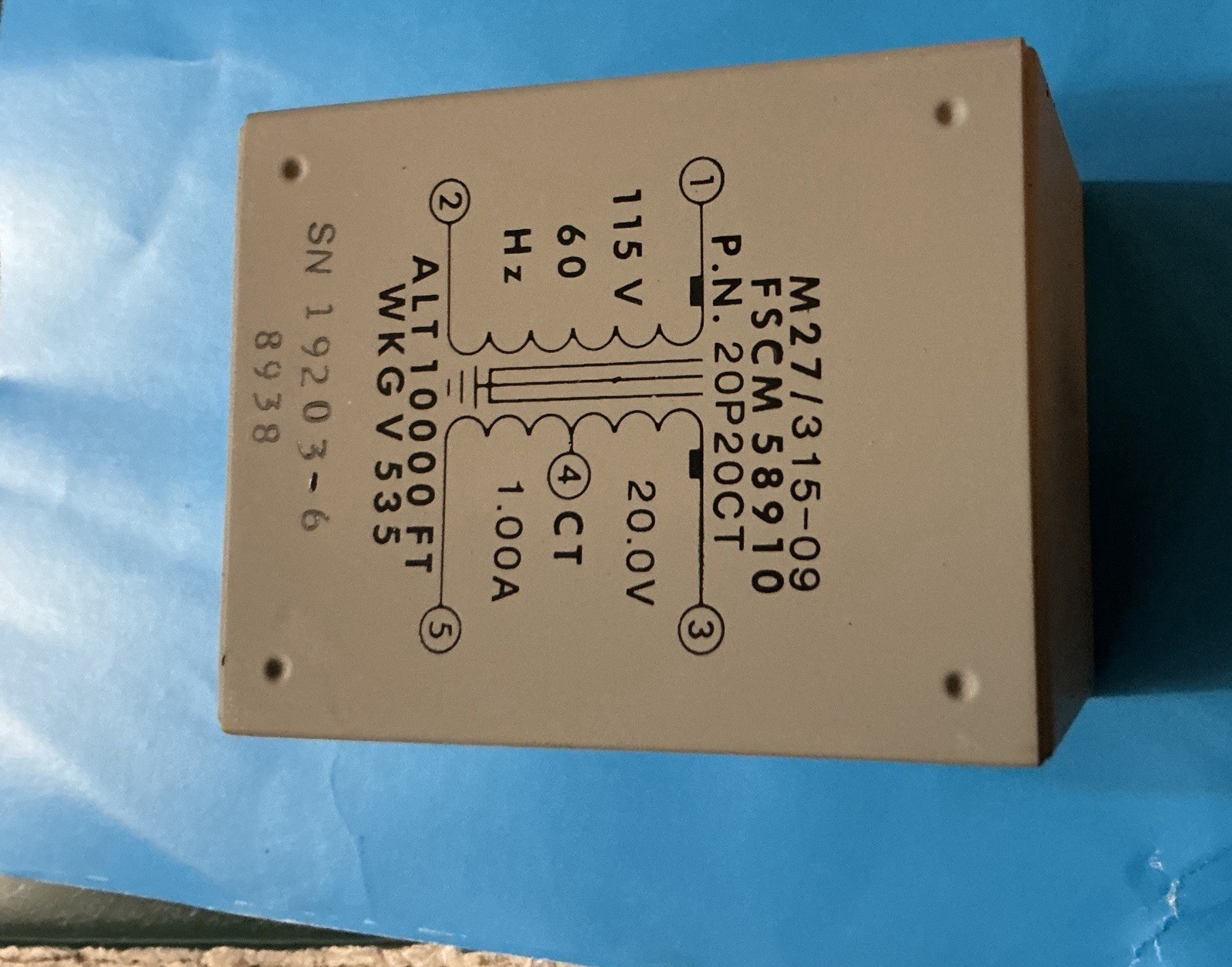 VINTAGE TRANSFORMER M27/315-09 FSCM58910 115V TO 20.0V CT 1A