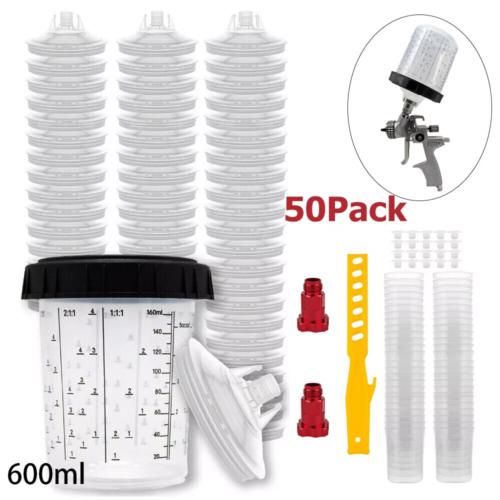 50Packs PPS CUPS Disposable Paint Spray Gun Cup Liners and Lid System 600ml/20Oz