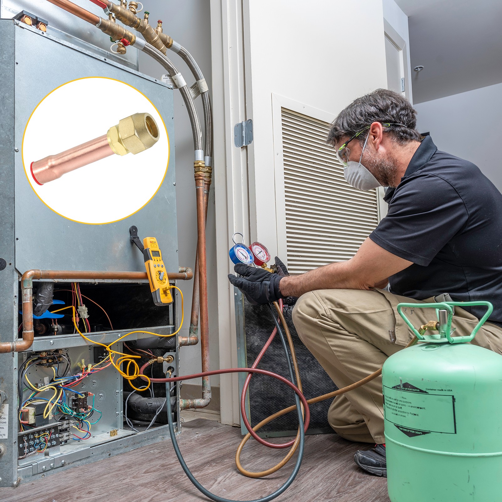 Brass Pipe Fitting 3/4"SAE x 3/4" OD Flare Adapter with Copper Tube