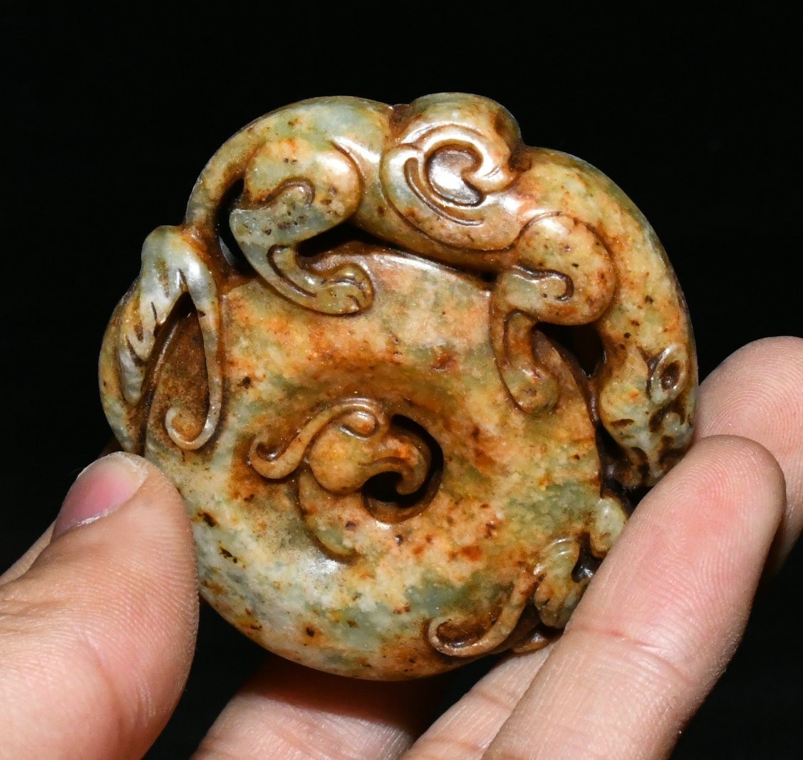 2" Hongshan Culture Old Jade Carve Dragon Loong Beast Yubi Yu Bi Amulet Pendant