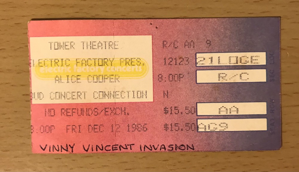 1986 ALICE COOPER VINNIE VINCENT INVASION 12/12 PHILADELPHIA CONCERT TICKET STUB