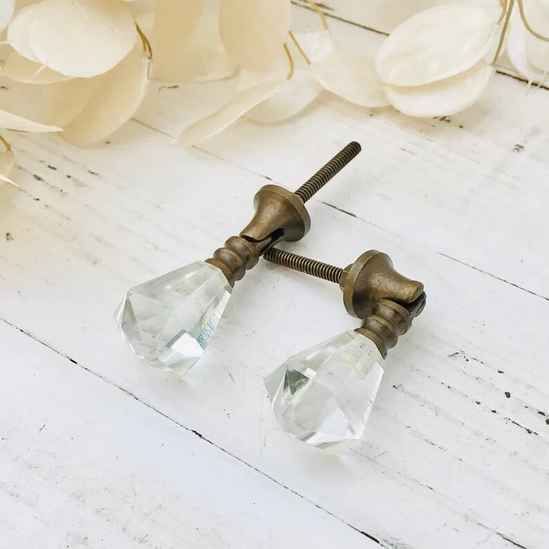 Brass Drawer Pull Handle Teardrop Glass Diamond Crystal Cabinet Knobs Hardware
