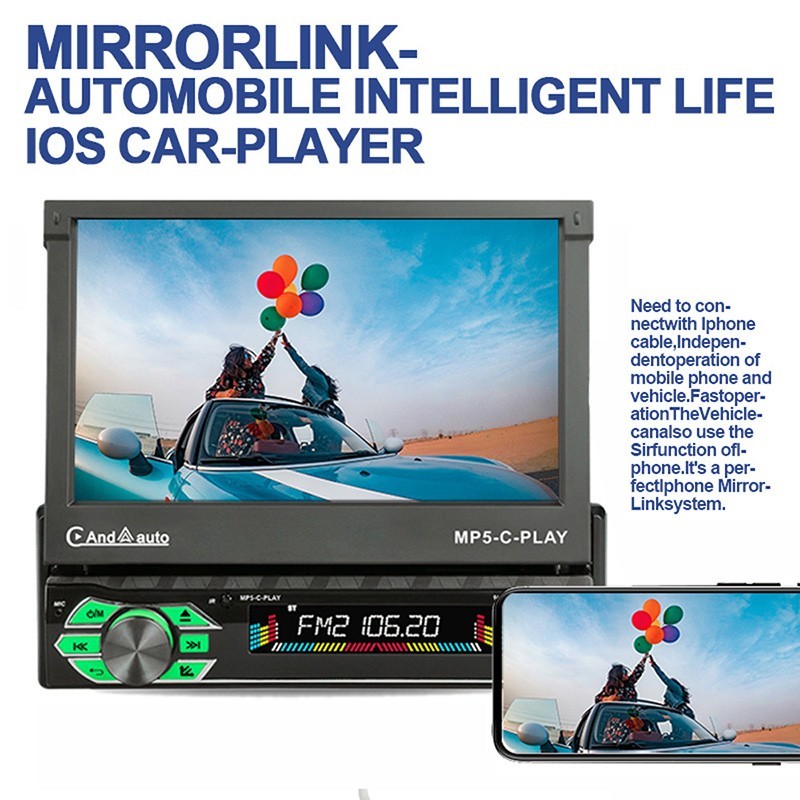 7" MP5 Single Spindle Player Car Electric Telescopic Screen 9601C-CARPLAY