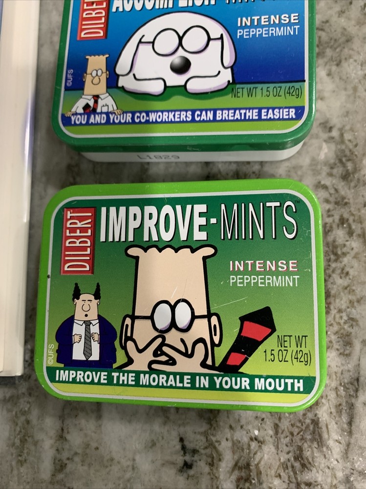 3 Dilbert IMPROVE-MINTS & Accomplish-Mints Candy Tin Box Containers & book, c9
