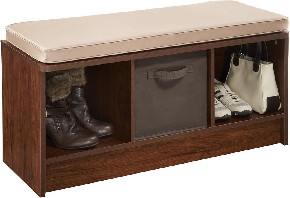 Functional 3-Cube Storage Bench in Dark Cherry with Tan Cushion - Easy Assembly