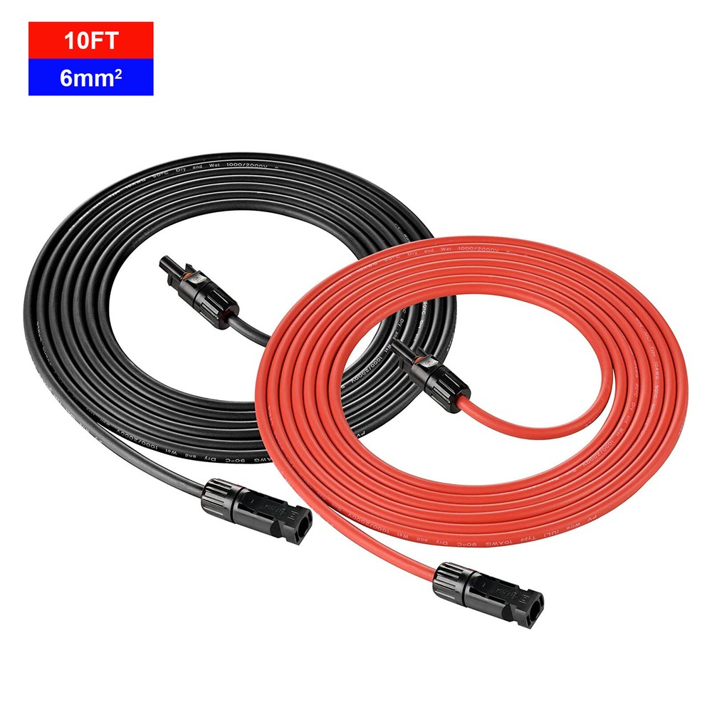 1 Pair Solar Panel Battery Extension Cables 10AWG Solar Panel Cables Black+Red