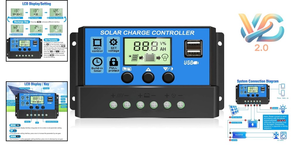 Upgraded 30A Solar Charge Controller 12V/24V LCD USB PWM Auto Timer