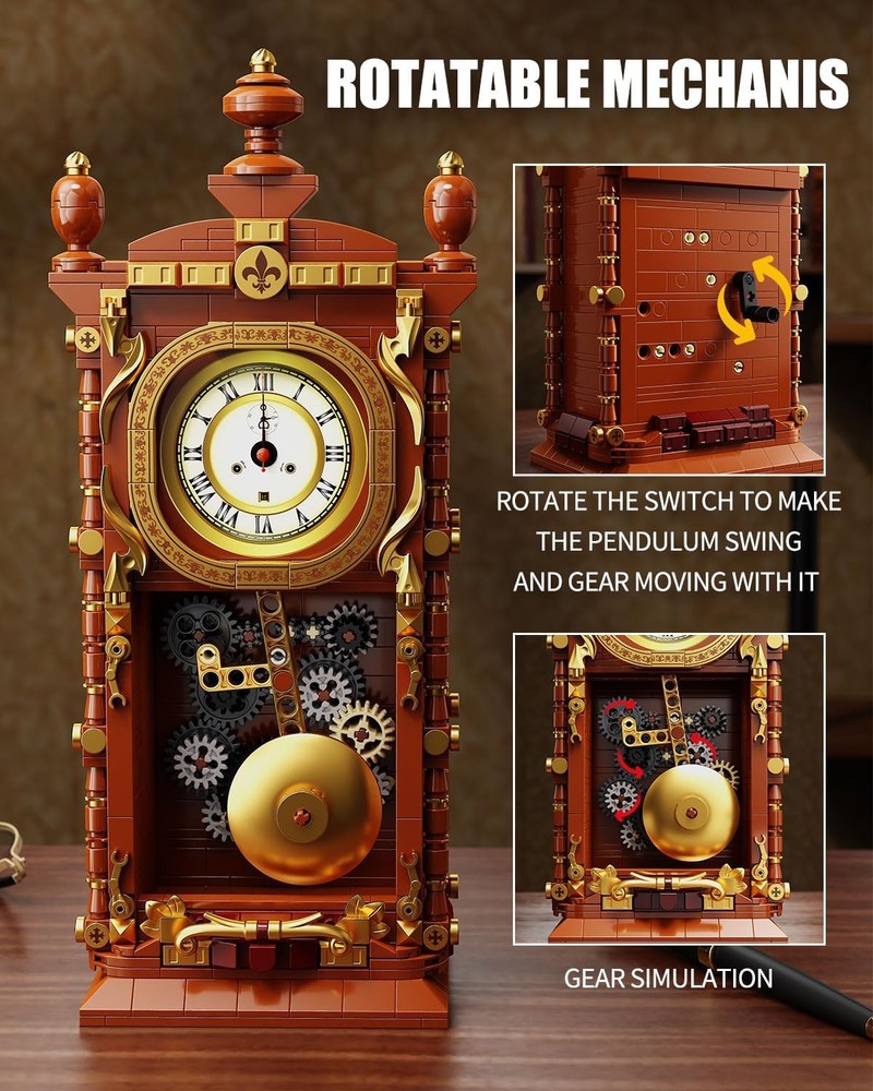 Vintage Pendulum Clock Building Block Set, Stem Toy with Real Clock Function and