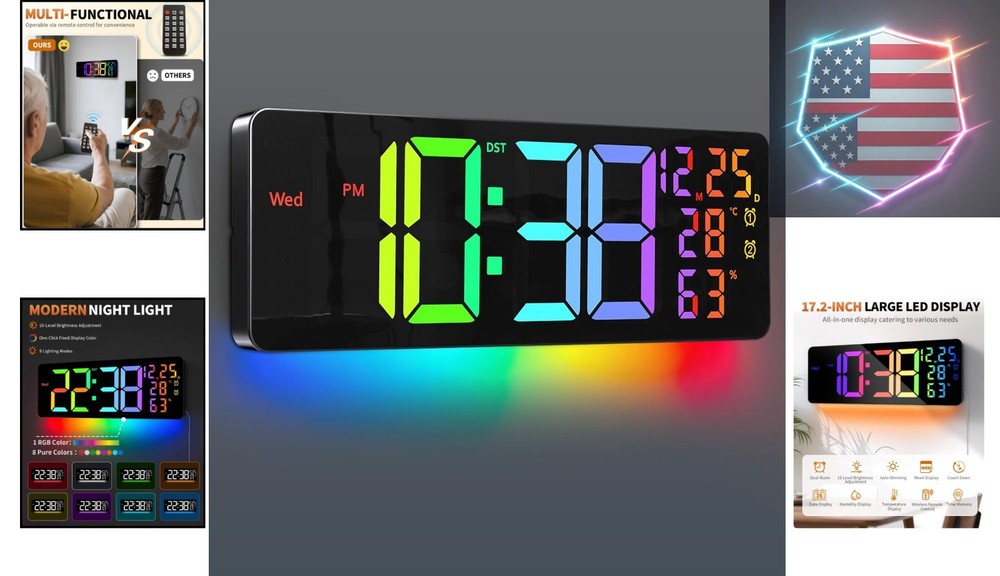 17.2" Large Digital Wall Mount Clock, Count Down Timer, Alarm, Big LED, 11 RG...