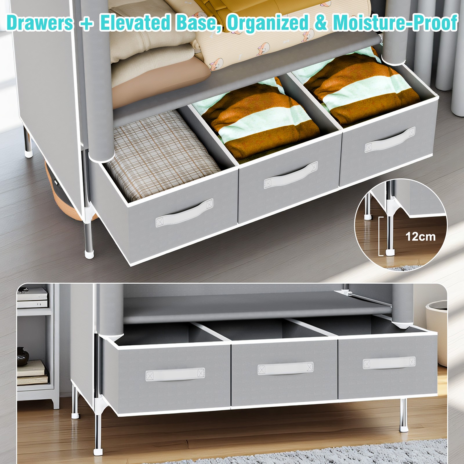 Portable Closet Wardrobe Clothes Rack Storage Organizer Shelf Stand w/ 3 Drawers