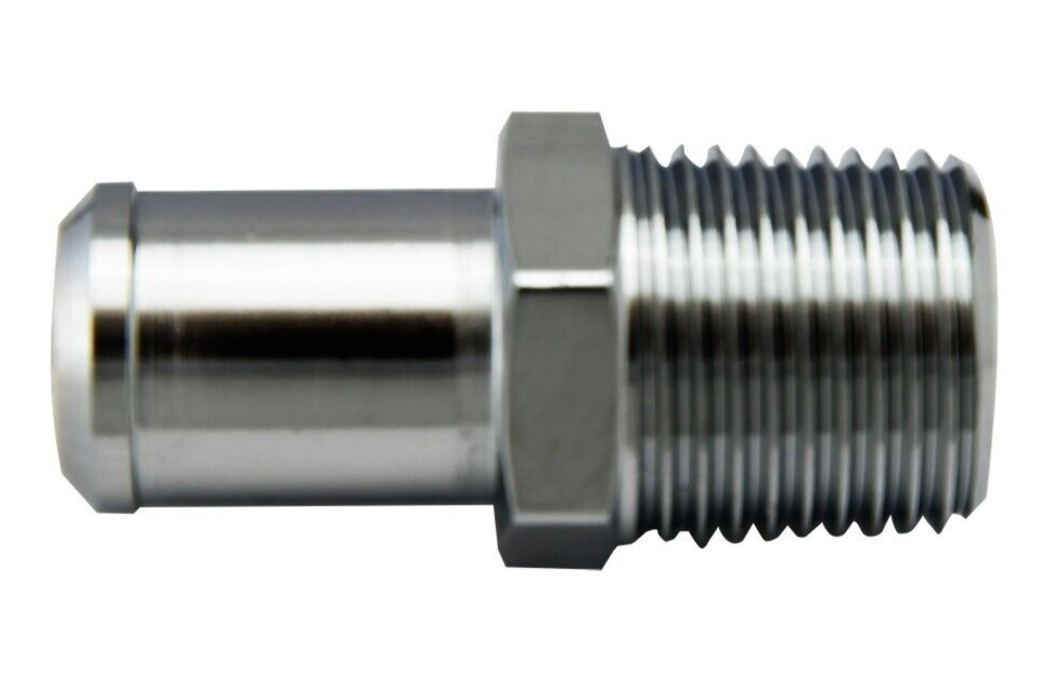 Chrome Steel Chevy Intake Manifold Heater Hose Fitting 1/2" NPT 5/8" Barb