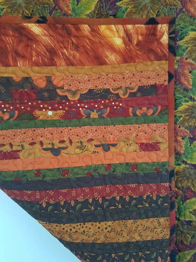 Striped Autumn Leaf Quilt, Couch, Lap, Table Topper, Patchwork Quilt