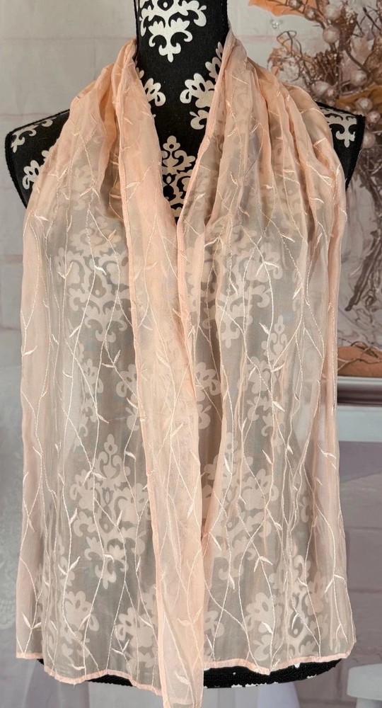 Peach SheeredSilk Blend Chiffon Leafs Embroidered Long Rectangular Scarf 12”x60”