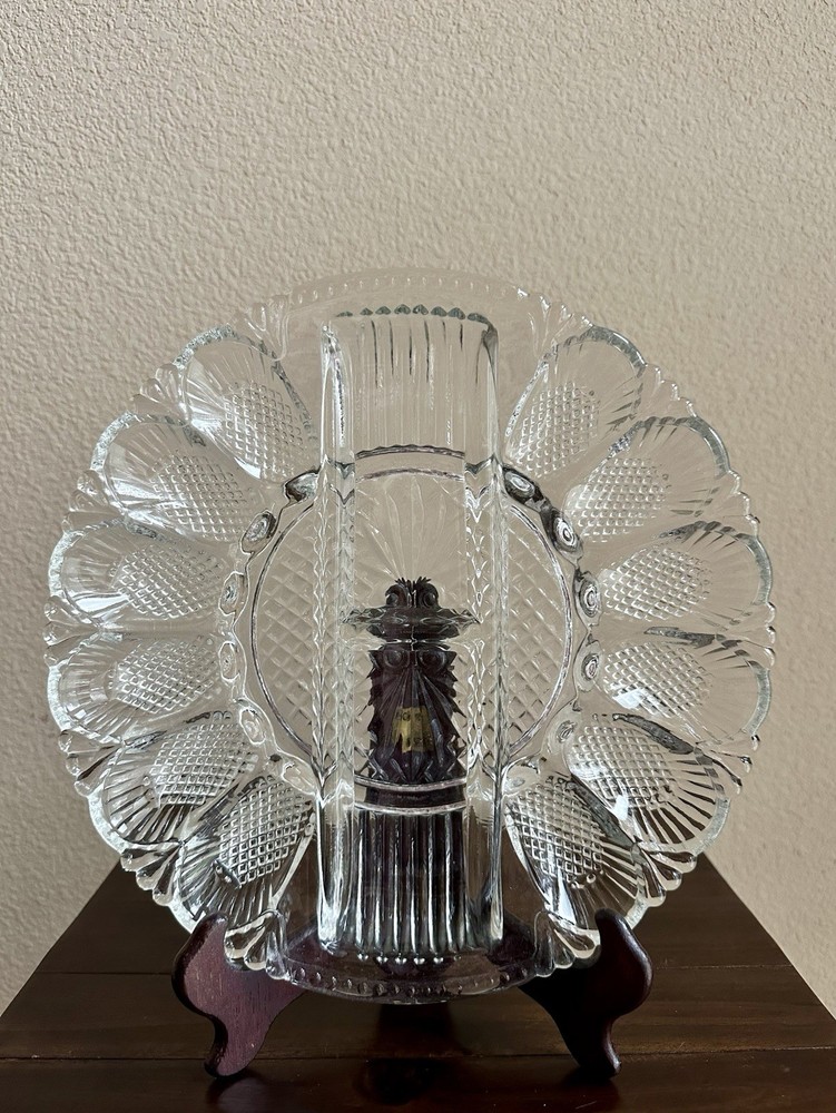 Vintage L.E. Smith Glass Deviled Egg & Relish Plate w/ Pineapple Pattern-EUC