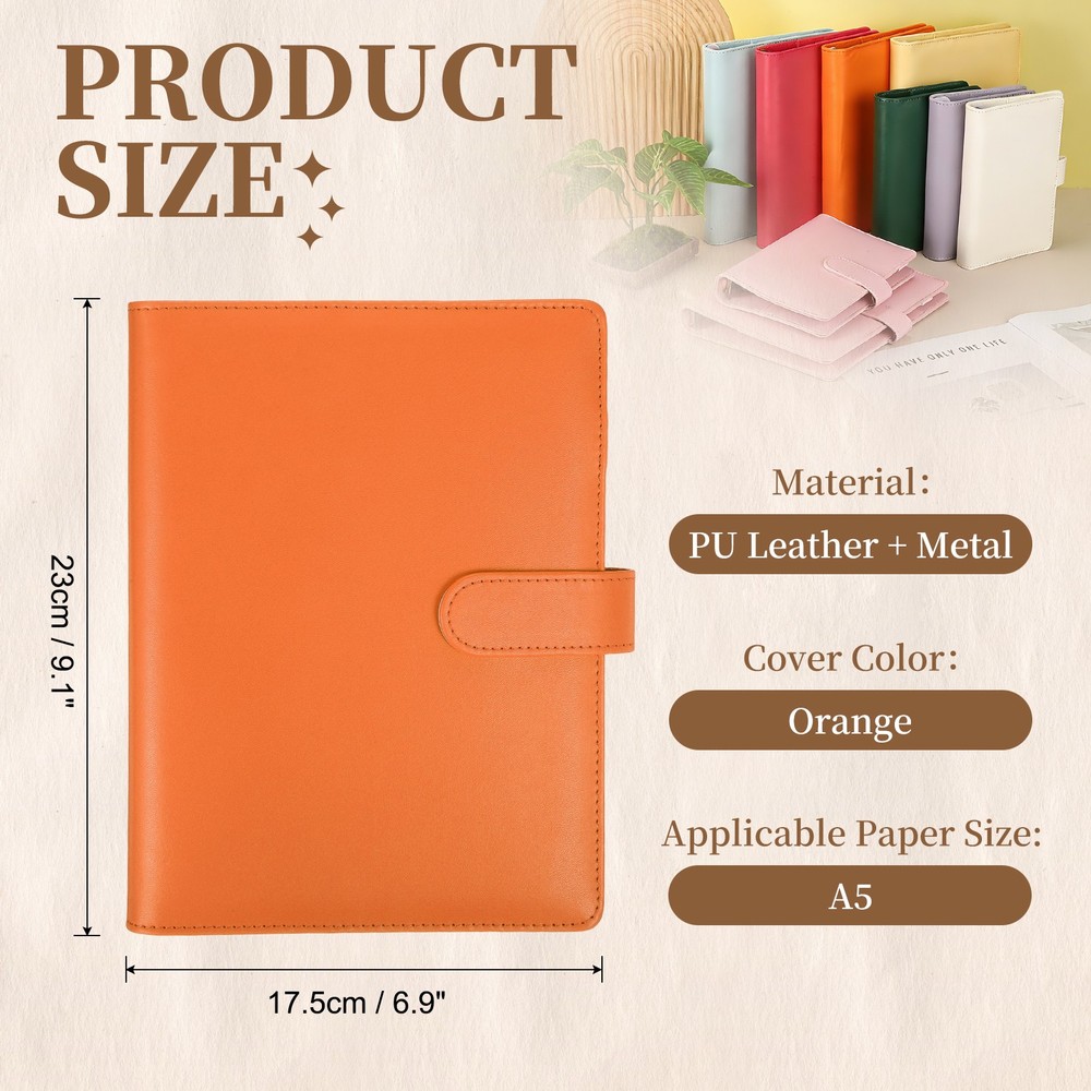 A5 PU Leather Binder Protector, 6 Ring Loose Leaf Notebook Shell, Orange