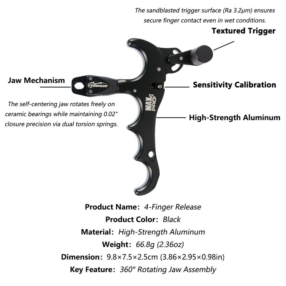 Adjustable 360° Aluminum 4Finger Compound Bow Release Trigger System