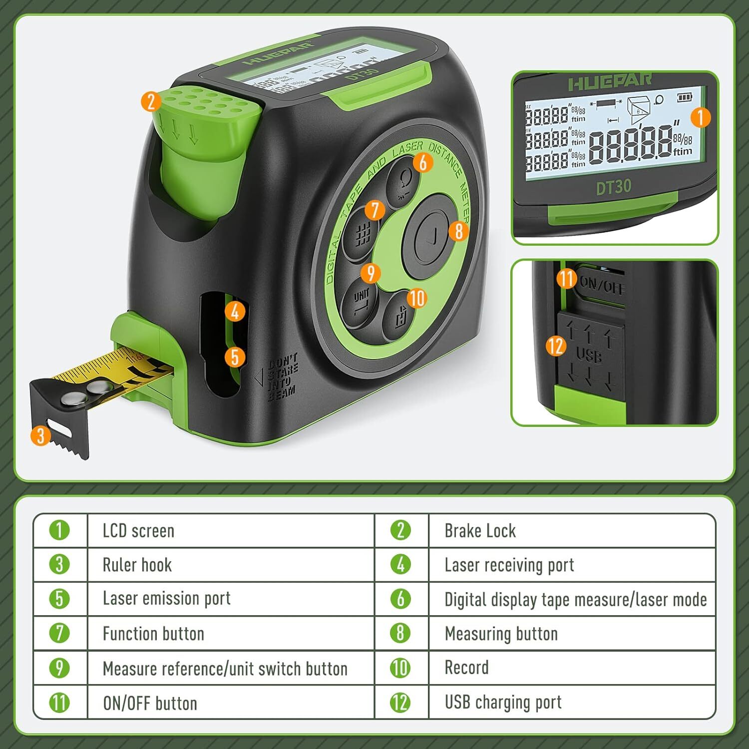 Huepar 2-in-1 Laser Tape Measure,197Ft Rechargeable Laser Measurement Tool & LCD