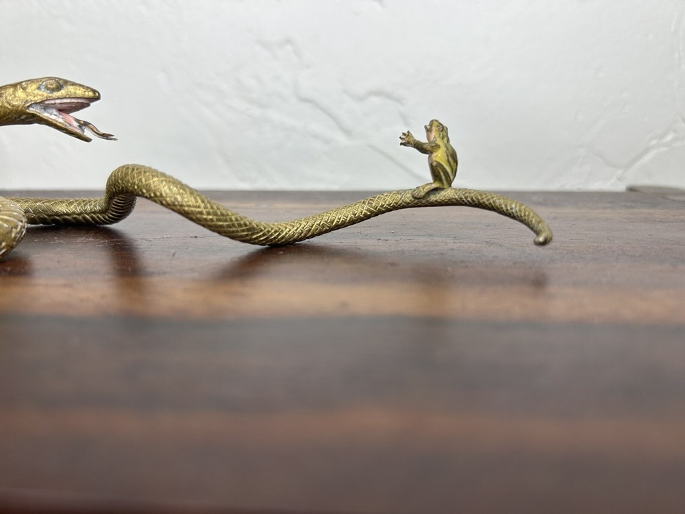 AUSTRIAN POLYCHROMED BRONZE SNAKE AND FROG SCULPTURE
