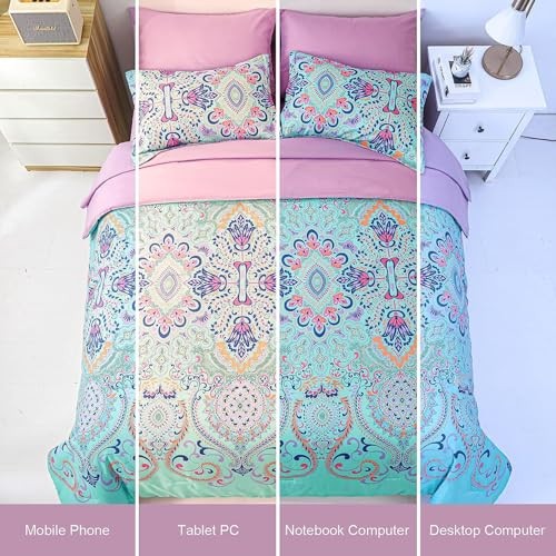 Comforter Set, 5 Piece Bed in a Bag, Boho and Lilac Damask Medallion Twin Aqua