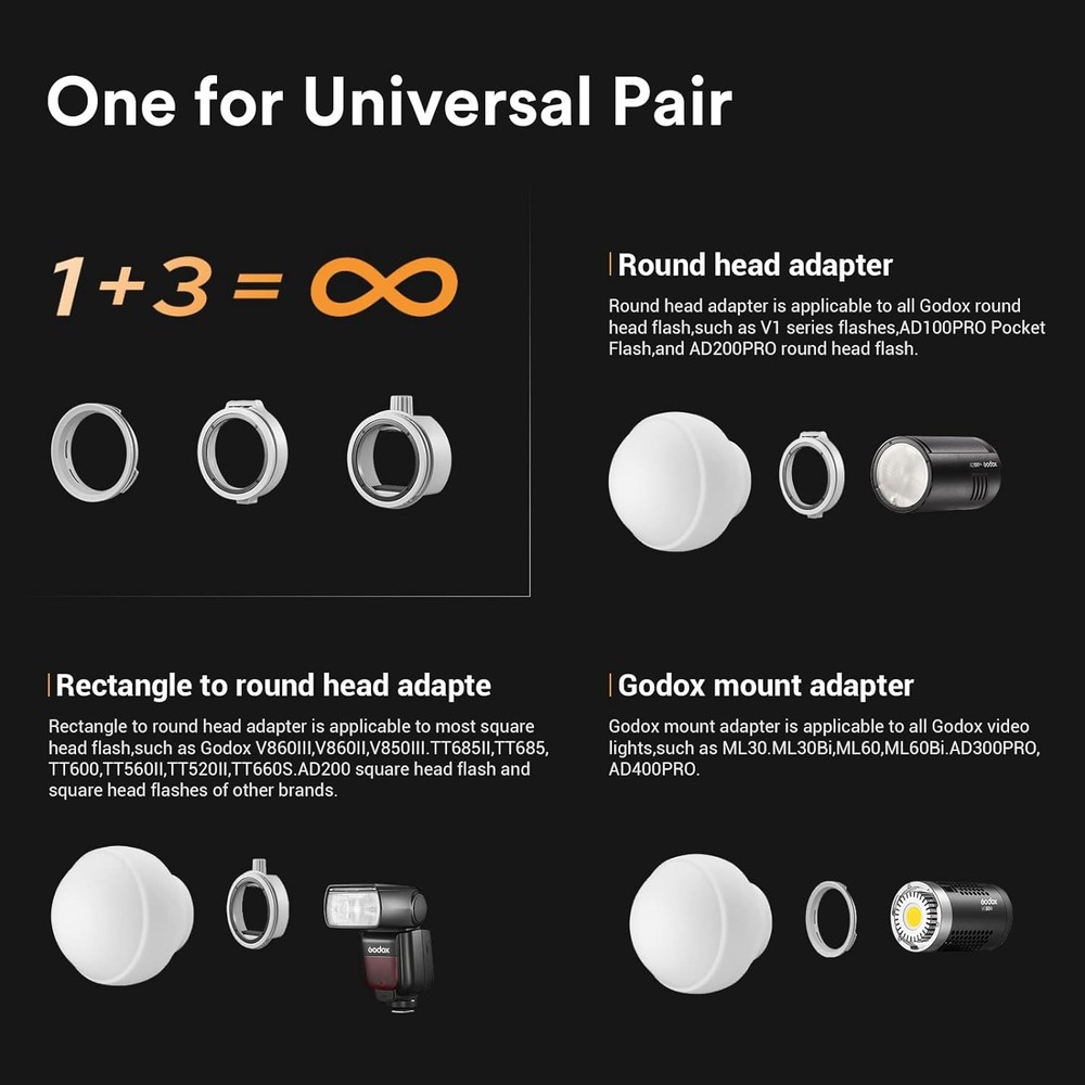 Godox ML-CD15 Diffusion Dome w/3 adapters, Flash Light Diffuser, Fit for Godox V
