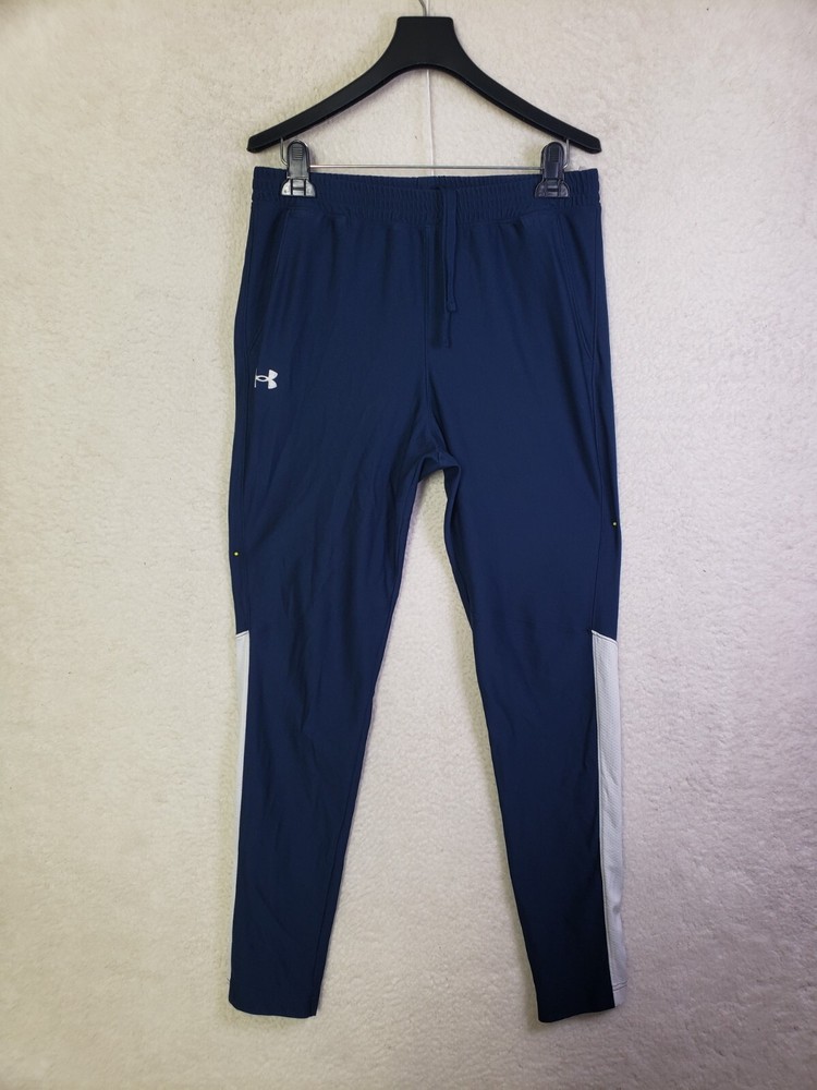 Under Armour Men Pants Large Blue 100% Polyester Drawstring Ankle Zip Activewear