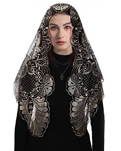 Spanish Catholic Lace Veil - Virgin Mary Embroidery Church Black Gold-3