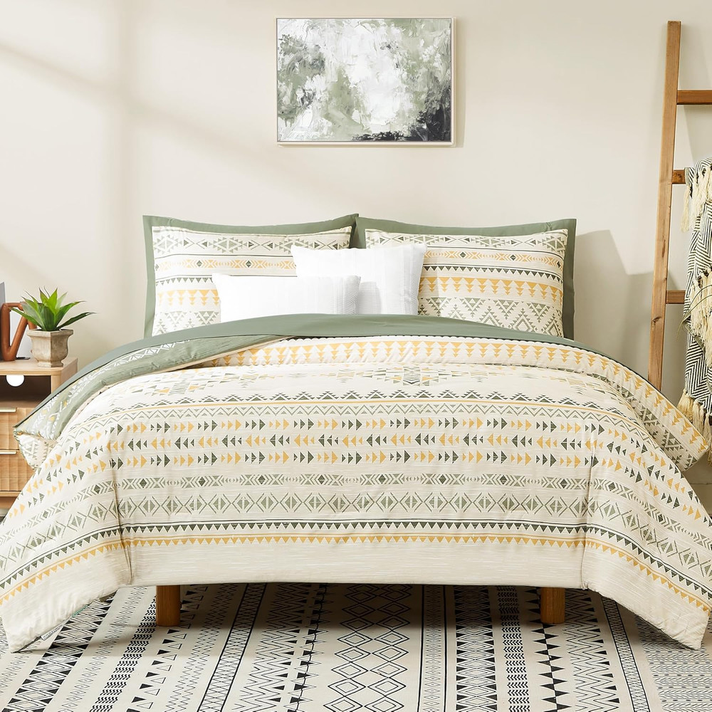 Queen Comforter Set - 7 Pieces Reversible Bedding Set, Boho Bed in a Bag, Lightw