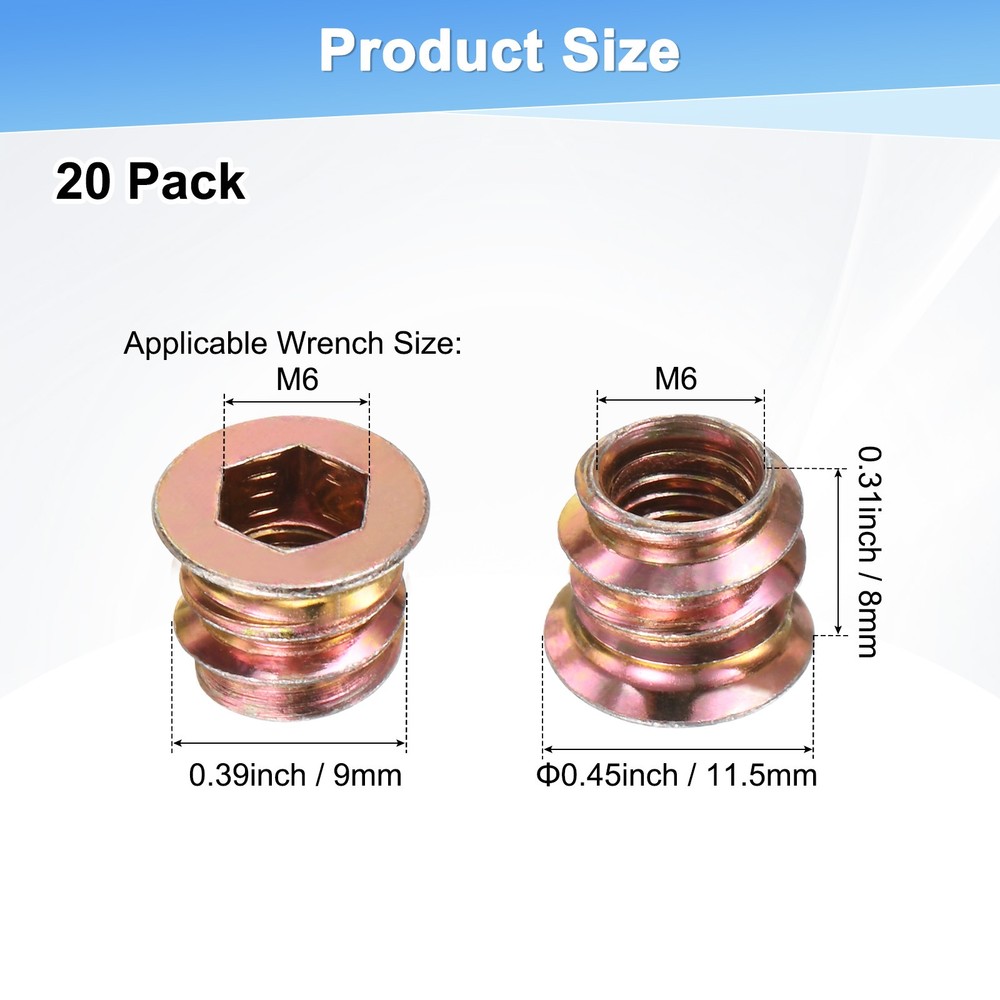 20-Pack Threaded Inserts for Wood, M6x8mm Threaded Insert Nuts [Gold Tone]