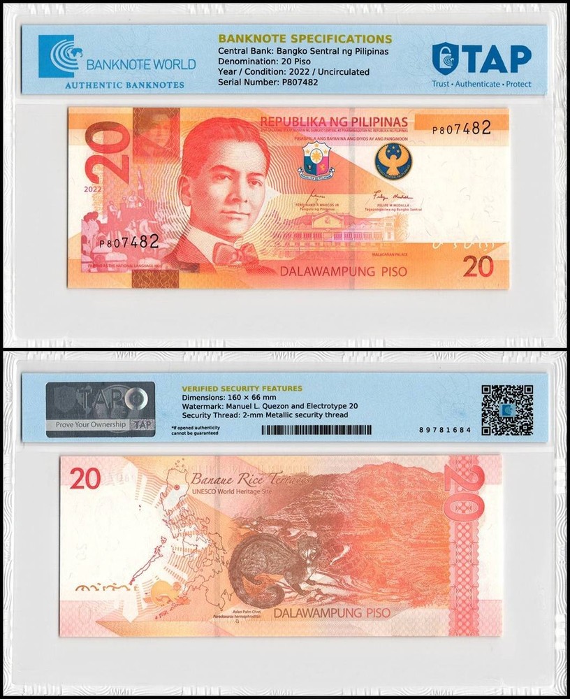 Philippines 20 Piso, 2022, P-230, UNC Authenticated