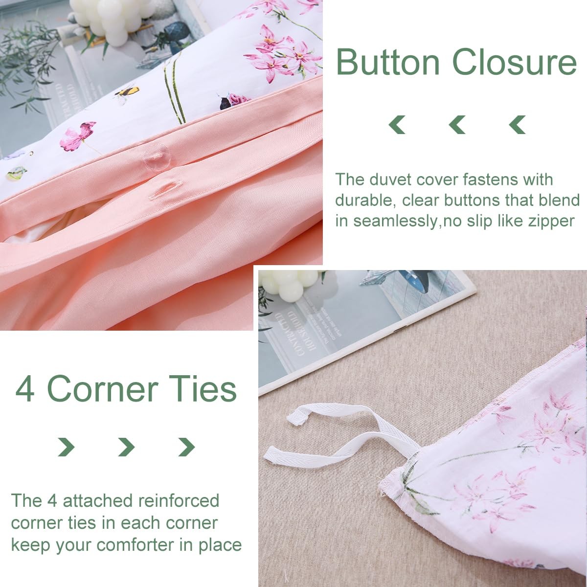 Pink Floral Duvet Cover Set Queen Size 100% Cotton 3 Piece Romantic Garden Fl...