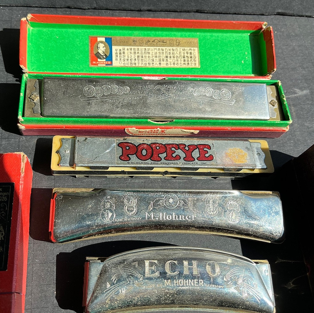 Harmonicas, vintage, assorted, four quantity