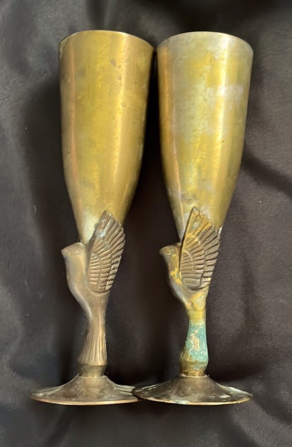 2 Godinger Egyptian Style Silver Plated Brass Flutes~Chalices~Phoenix/Bird*READ*