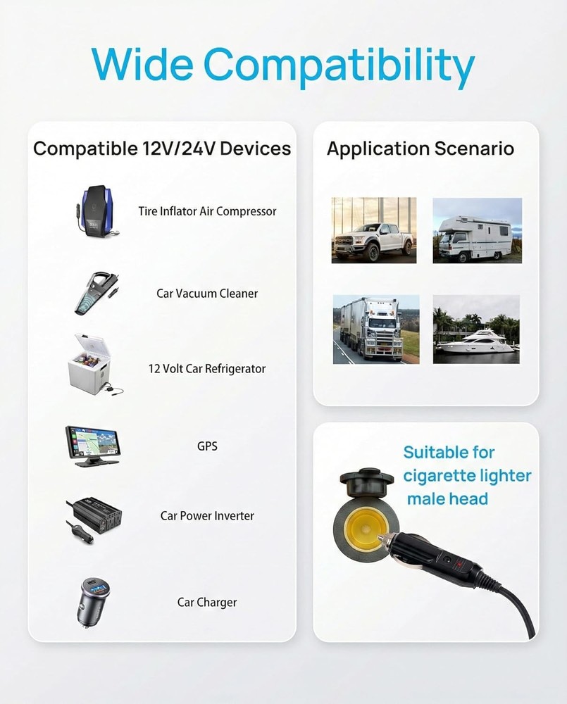 3FT 12V Fixed Thread Cigarette Lighter Socket Extension Cable, 12V Waterproof Ou