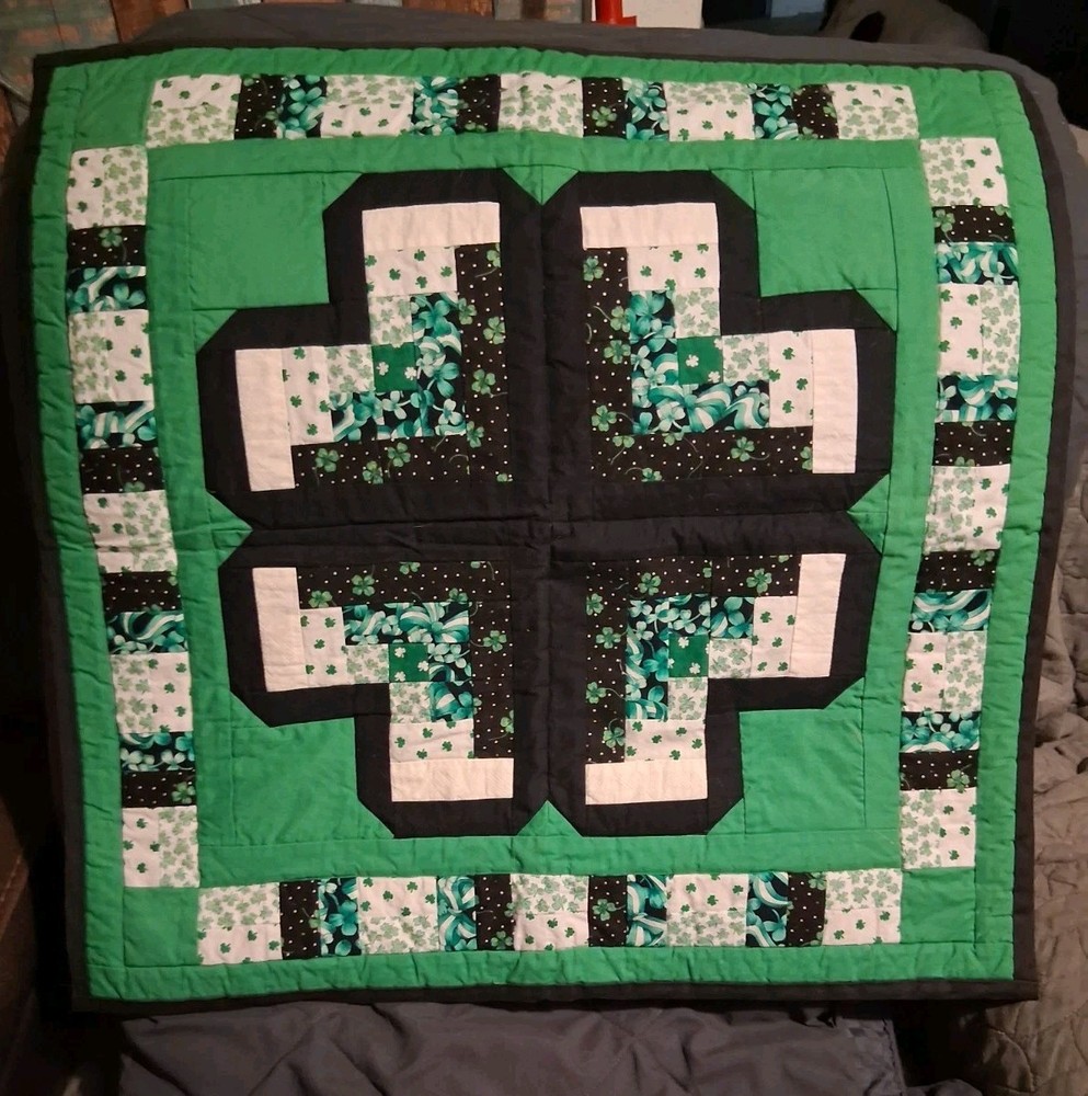 2 Handmade Quilt Sections, Green/White/Black Clovers Design