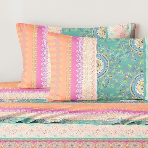 - Boho Bed Sheets, 4-Piece Sheet Set, Bohemian Chic Queen Orange Green