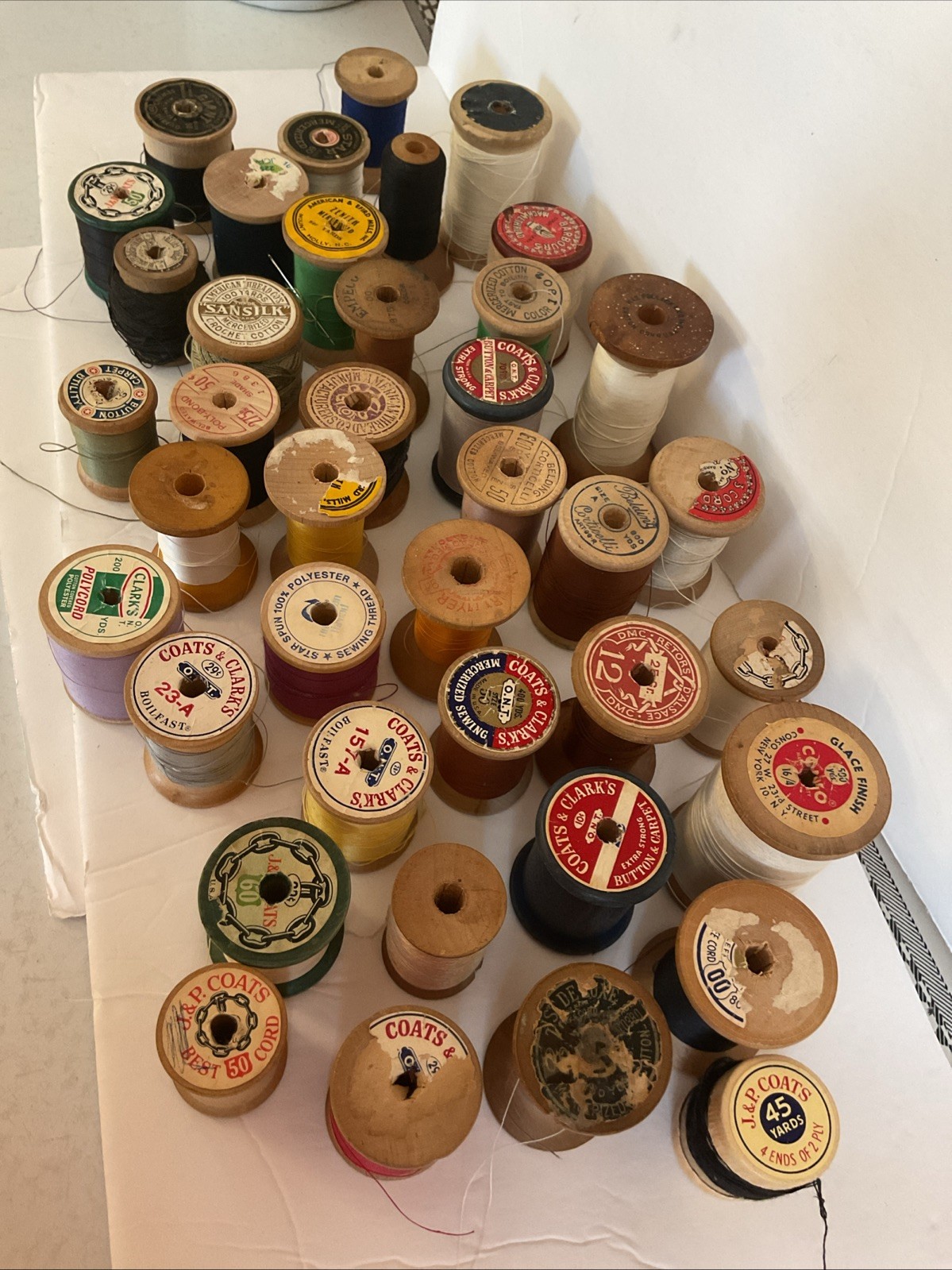 Vintage Lot of 40 Wooden Sewing Thread Spools Crafts Various Brands Full Partial