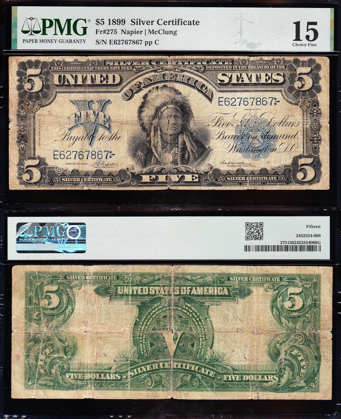 NICE Choice Fine+ 1899 $5 "INDIAN CHIEF" Silver Certificate PMG 15! FREE SHIP!