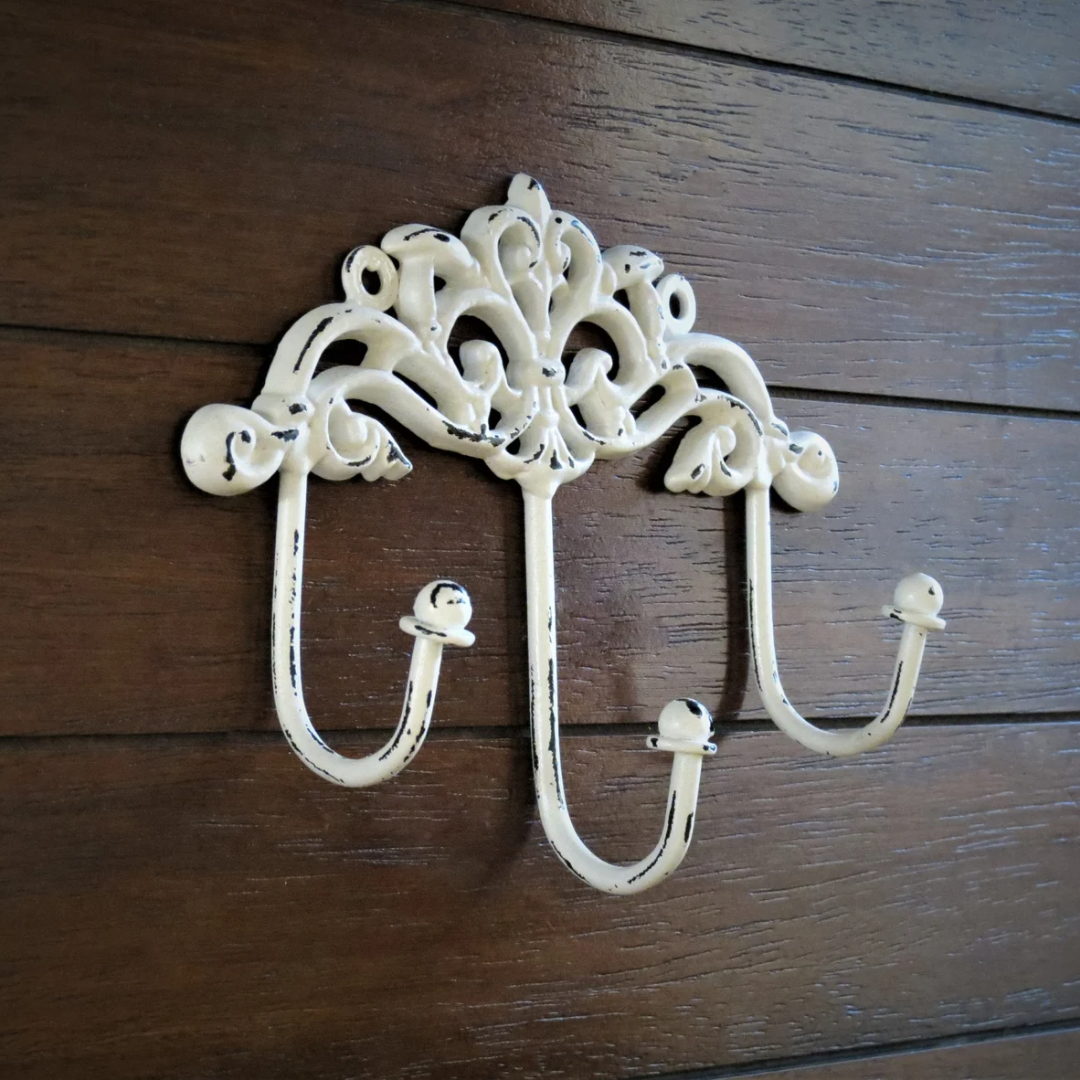 White Scroll Triple Cast Iron Wall Hook Coat Hat Towel Hanging Heavy Duty