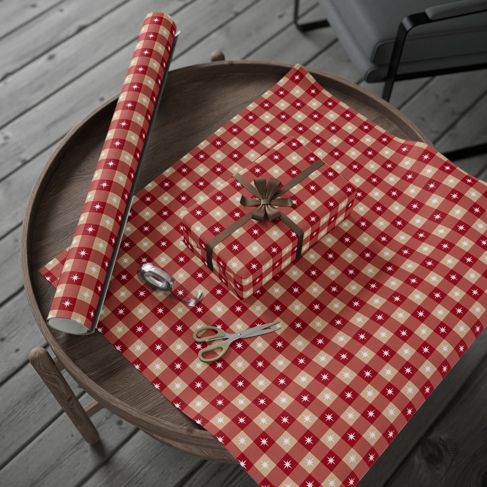 Red And Tan Gingham With Star Print Wrapping Papers