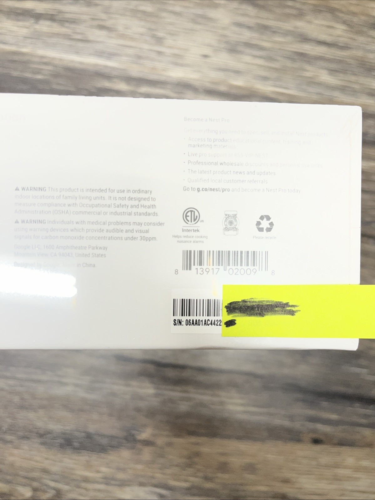 New Google Nest Protect Battery Carbon Monoxide Smoke Detector S3000BWES AC4422