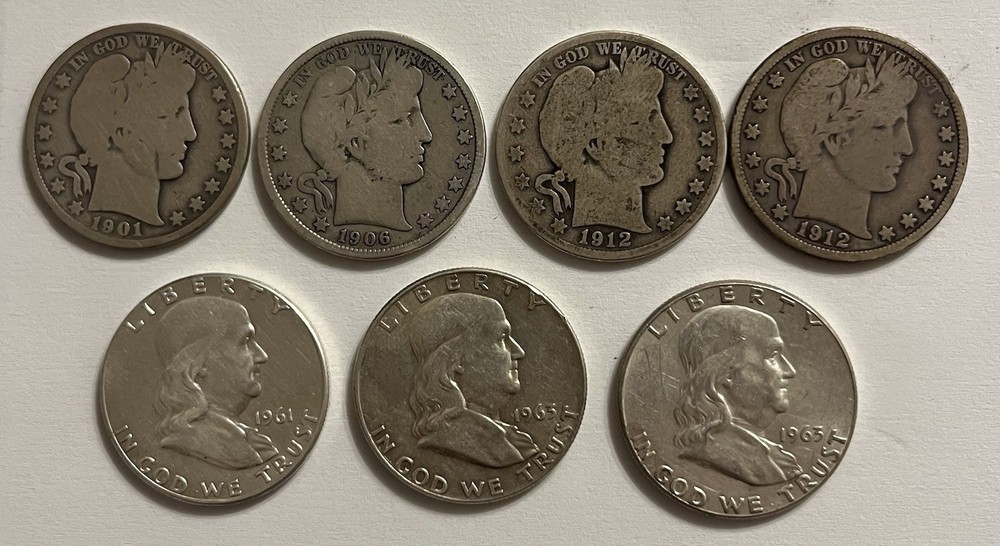 4 Barber Half Dollars & 3 Benjamin Franklin Half Dollars $3.50 Face Value