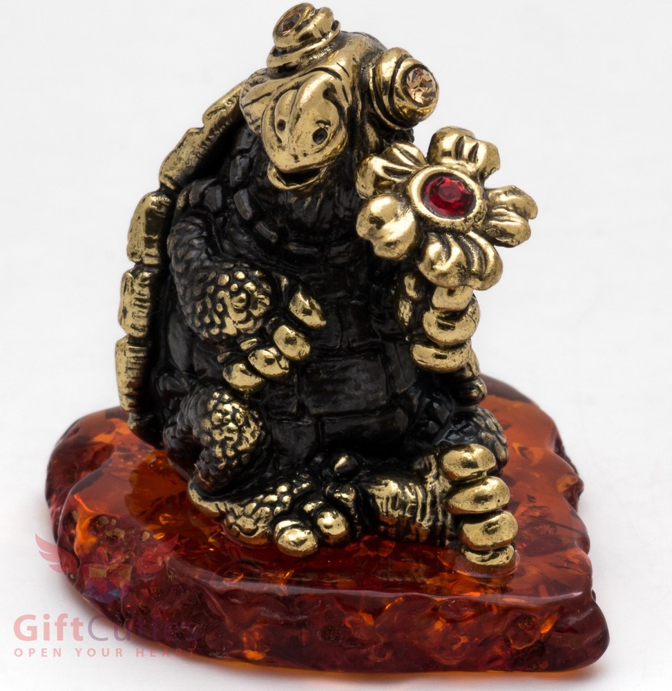 Solid Brass Amber Figurine Tortoise Turtle with a flower talisman IronWork
