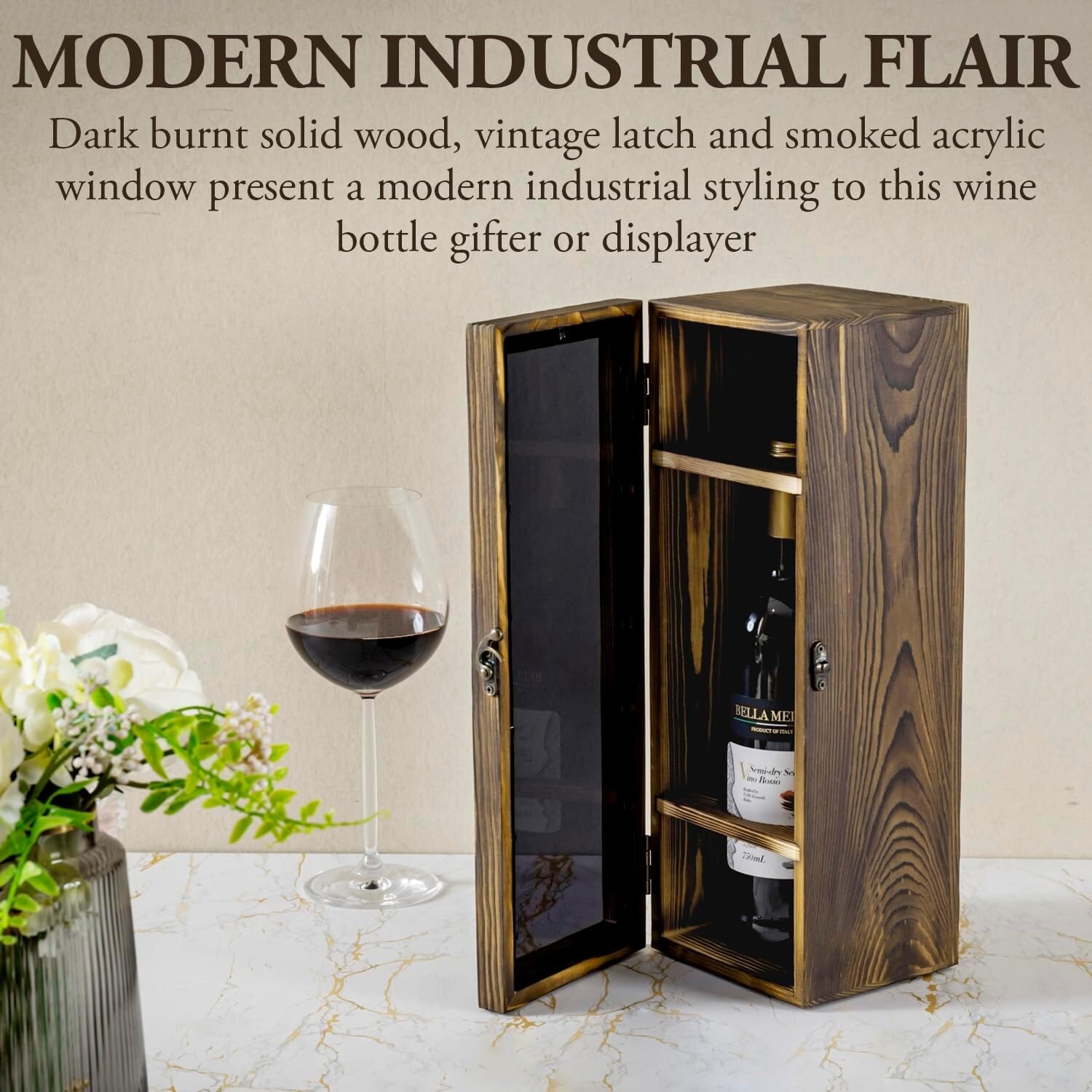 Brown Wood and Black Acrylic Window Single Wine Bottle Gift Box, Wine Storage