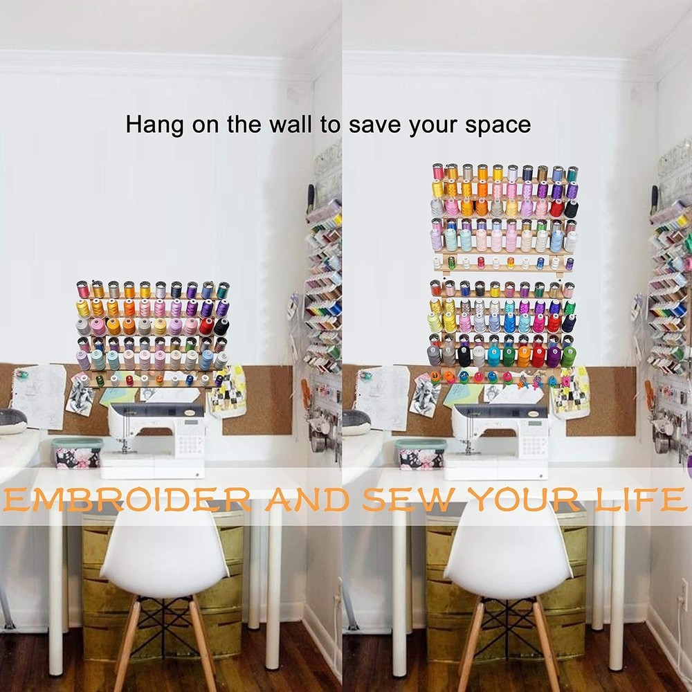 60 Spools Wooden Thread Rack/Thread Holder Organizer with Hanging Hooks for E...