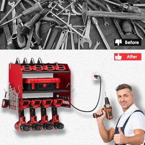 Power Tool Organizer Wall Mount with Charging Station, 4 Drill Holder Built