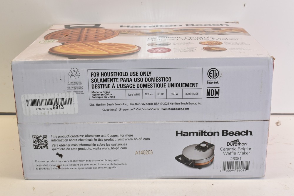 Hamilton Beach Durathon Ceramic Removable-Grid Belgian Waffle Maker- Open Box